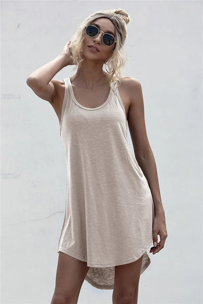 Summer Tank Dress Sleeveless Solid O-neck Loose Off Shoulder Asymmetrical Women Midi Dresses Streetwear