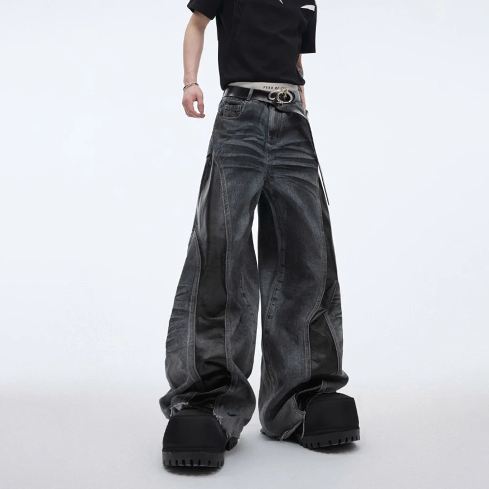 Mens Jeans Pu Leather Stitching Whisker Washed Wilderness Style Casual Pants Streetwear Fashion Personality Trousers Men'S Wear