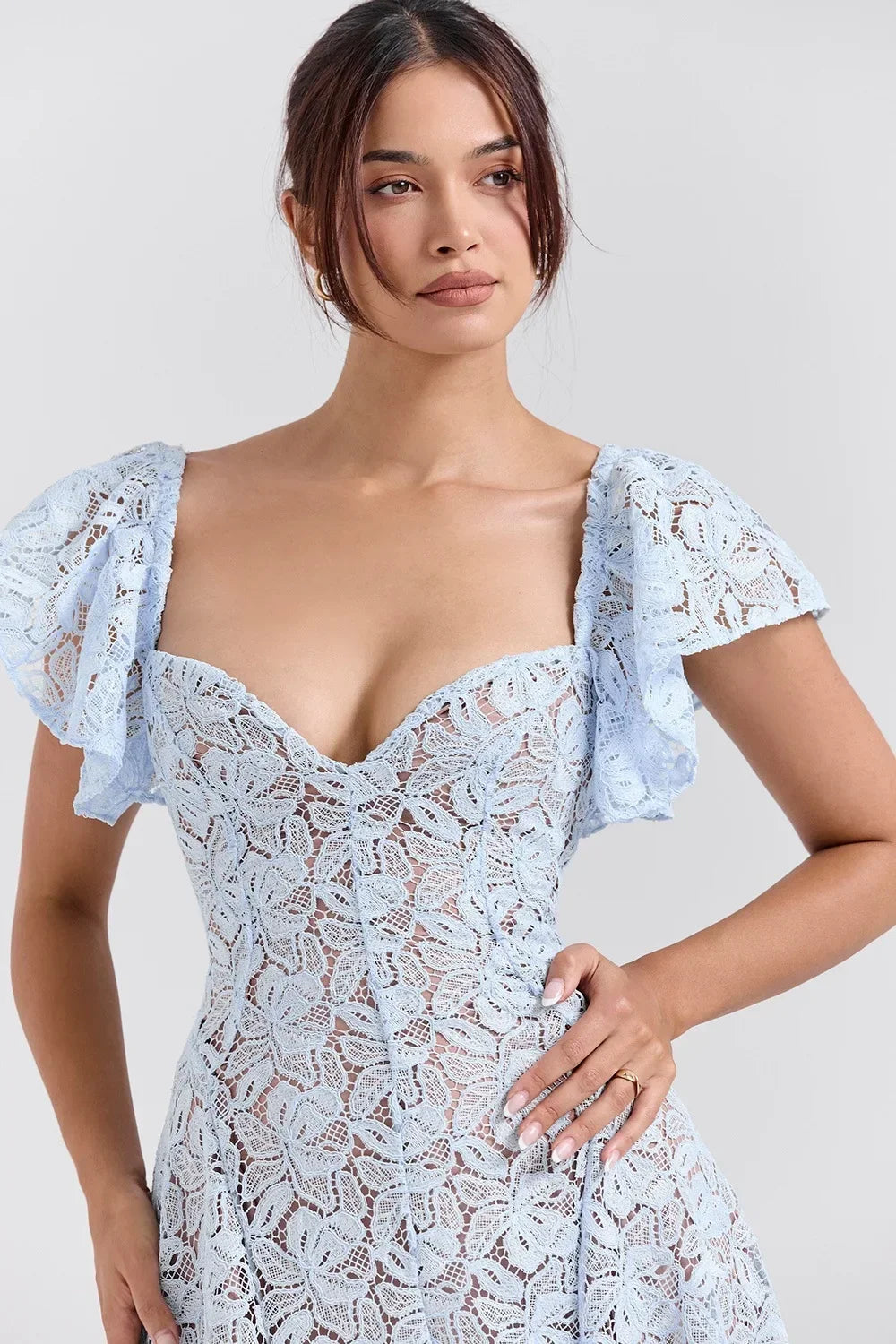 Elegant Flare Short Sleeve Flower Embroidery Long Prom Dresses Women Summer Holiday Low Cut Pleated Midi Evening Dress