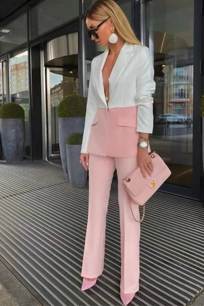 Newest 2023 Designer  Suit Set Women's Office Single Button Color Block Patchwork Blazer  Pants Suit