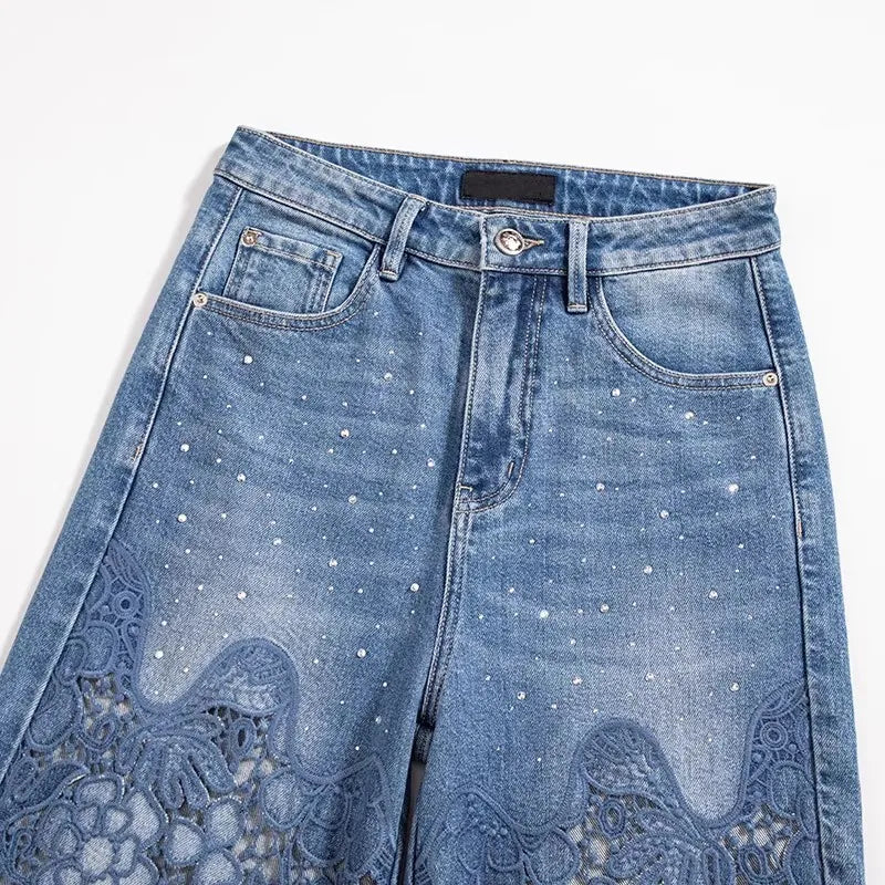 Summer Women Lace Floral Embroidery Wide Leg Denim Pants Spliced Loose Fit High Waist Hollow Out Jeans Streetwear Long Trousers