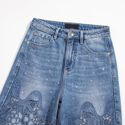 Summer Women Lace Floral Embroidery Wide Leg Denim Pants Spliced Loose Fit High Waist Hollow Out Jeans Streetwear Long Trousers