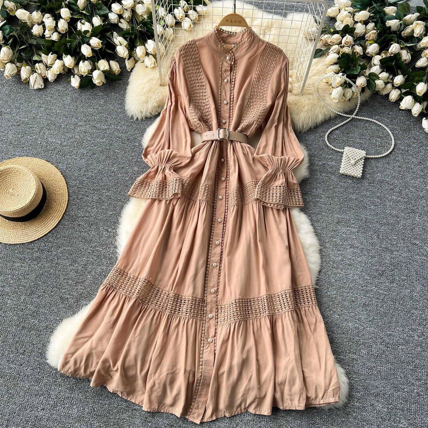 Retro Elegant Summer Stand Collar Flare Sleeve Single Breasted Lace Spliced Dress A-line French Evening Party Women Dresses