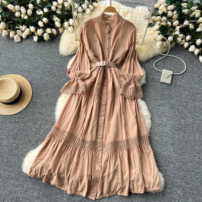 Retro Elegant Summer Stand Collar Flare Sleeve Single Breasted Lace Spliced Dress A-line French Evening Party Women Dresses