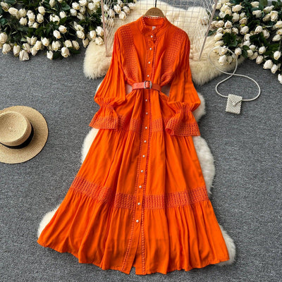 Retro Elegant Summer Stand Collar Flare Sleeve Single Breasted Lace Spliced Dress A-line French Evening Party Women Dresses