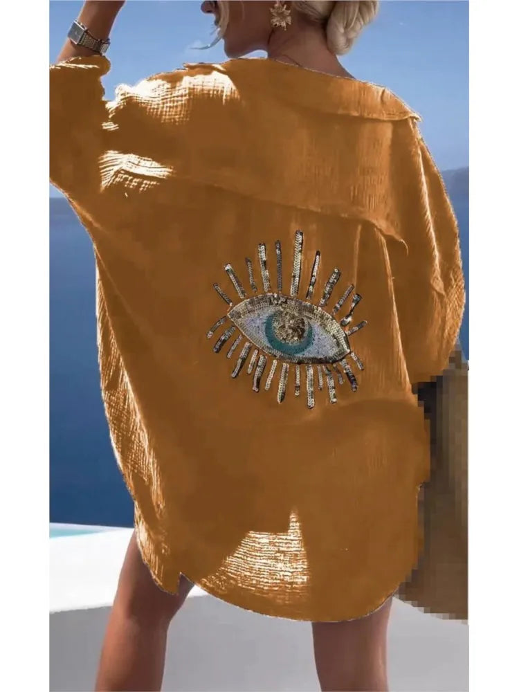 Women's Clothing 2024 Spring Summer New Fashion Eye Print Lapel Long Sleeved Cotton Linen Casual Fashion Button Up Shirt