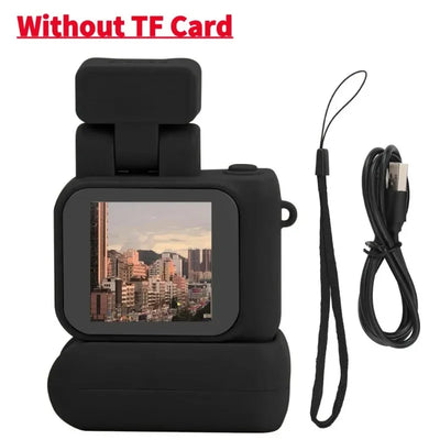 Mini cameras with high-definition displays, retro cameras with flashes and battery stands, digital cameras, and small cameras