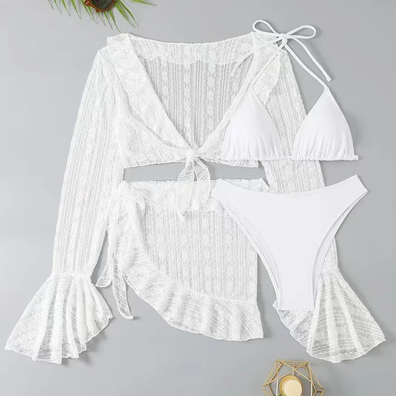 2025 Sexy Four-piece Women Swimsuit Long-sleeve Cover-up Swimwear Summer Solid Bikini Set Brazilian Beachwear Party bathing suit