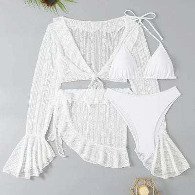 2025 Sexy Four-piece Women Swimsuit Long-sleeve Cover-up Swimwear Summer Solid Bikini Set Brazilian Beachwear Party bathing suit
