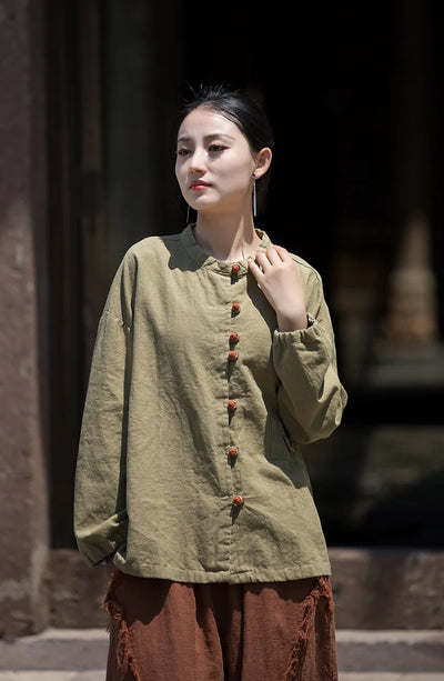 Cotton Linen Women's Literary Vintage Ramie Tops Shirt Women's Patchwork Colour Plate Button Lapel Cardigan Jacket Chinese Style
