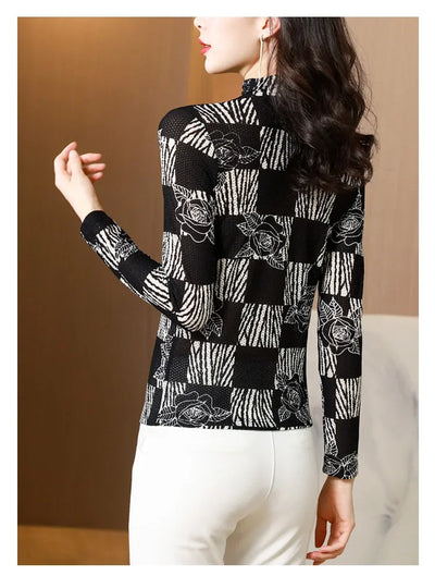 Printed Waffle Mesh T-shirts For Women New Autumn Slim-fit Base Half High Neck Strech Basic Tops Female