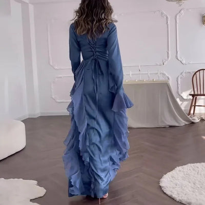 Muslim Women Flare Sleeve Evening Dress Jalabiya Eid Ramadan Arab Long Robe Dubai Ruffle Vestidos Largos Party Dresses Abayas