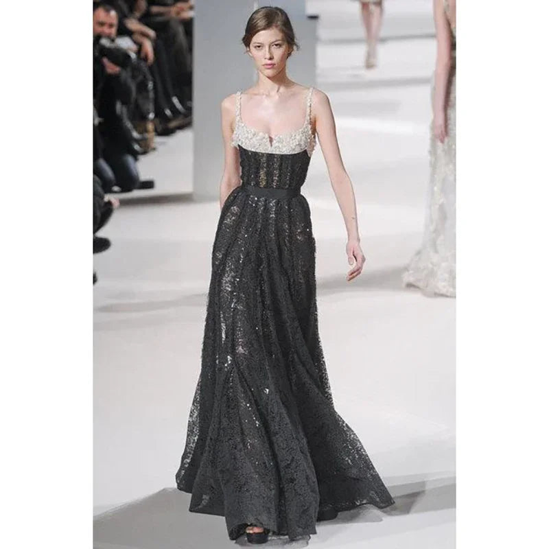 Customized Luxurious Women's Spaghetti Strap Sleeveless Evening Dresses Black A-line Backless Long Party Dresses for Special Ocn