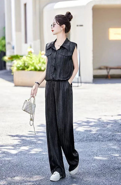 Wear To Work Shirt Ladies Trouser Black Women's Blouse and Pants Two Piece Set Professional Wide Leg Office Baggy Stripe Outfit