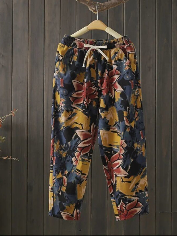 Fashion Printed Cotton Linen Harem Pants for Women 2025 Summer Casual High Waist Calf-Length Loose Trousers Female Streetwear