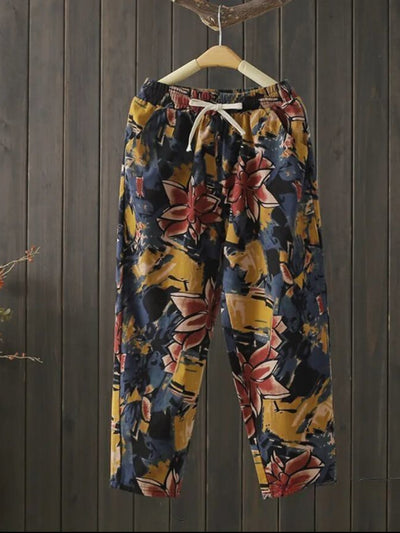 Fashion Printed Cotton Linen Harem Pants for Women 2025 Summer Casual High Waist Calf-Length Loose Trousers Female Streetwear
