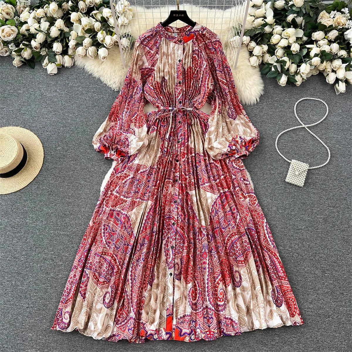 Retro Print Elegant Pleated Lantern Long Sleeve O Neck Single Breasted Dress A-line  Casual High Waist Women Summer Dresses