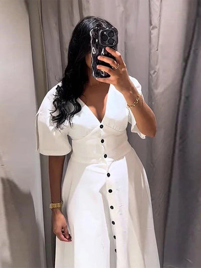 Women's Dress 2025 Summer Autumn New White Short Sleeve Buttons V Neck Midi Dress Casual Fashion Personality Versatile Vestidos