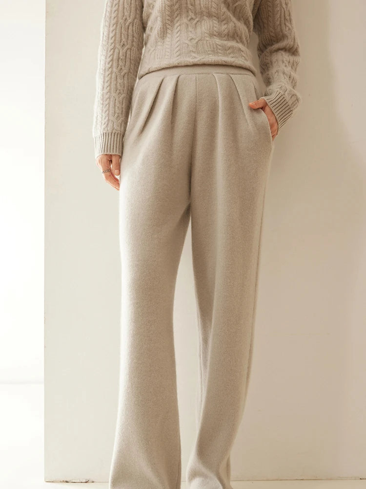 ADDONEE Women 100% Cashmere Pants Pleated Waist Wide Leg Pants Casual Simple Style Autumn Winter Cashmere Knit Trousers Luxury