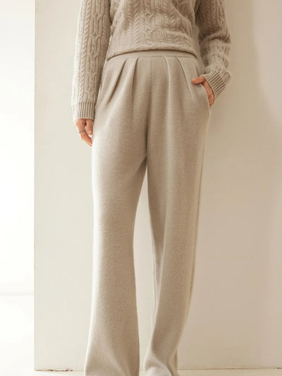 ADDONEE Women 100% Cashmere Pants Pleated Waist Wide Leg Pants Casual Simple Style Autumn Winter Cashmere Knit Trousers Luxury