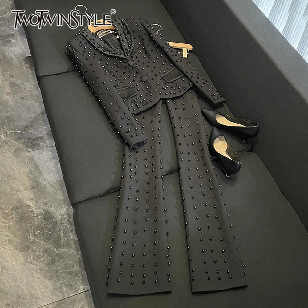 TWOTWINSTYLE Spliced Pearl Solid Two Piece Sets For Women Lapel Long Sleeve Top High Waist Pants Elegant Set Female KSE534390
