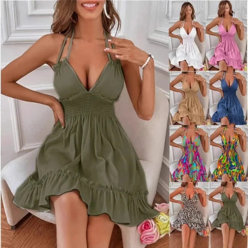 Summer Dresses For Women Trendy Solid Boho Dress V Neck Sleeveless Halter Backless Sundress Ruffles Holiday Beach Dresses