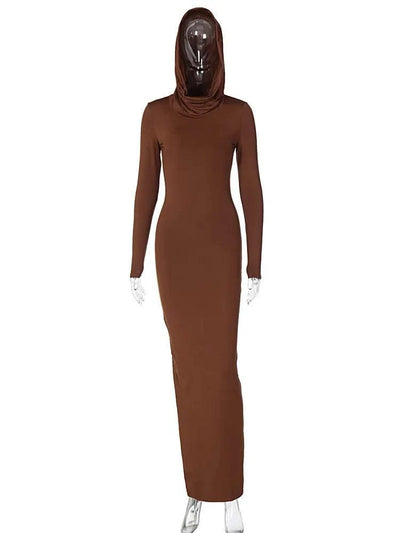 Hooded Long Dress For Women Y2k Clothes Sexy Streetwear Long Sleeve Bodycon Vestidos De Mujer Solid Robe Femme Été Back Split