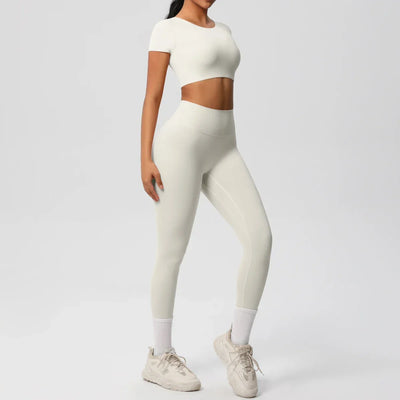 Yoga Set 2 Pieces Women Tracksuits Workout Sportswear Gym Clothing Fitness Short Sleeve With Padded High Waist Leggings Suits