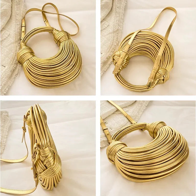 Handbags for Women Gold Luxury Designer Handwoven Noodle Bags Rope Knotted Pulled Silver Evening Clutch Chic Holder Container