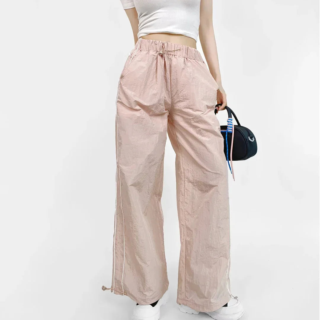 Women's Wide-Leg Joggers Adjustable Ankle Cuffs Side Stripes Drawstring Waist Lightweight Streetwear
