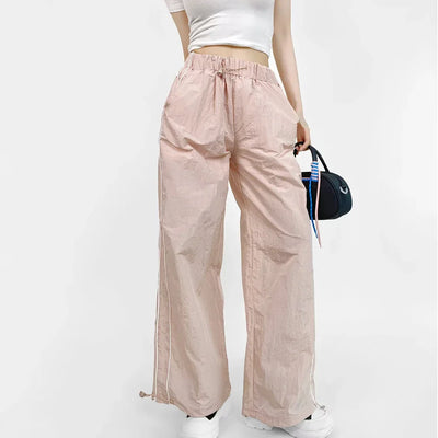 Women's Wide-Leg Joggers Adjustable Ankle Cuffs Side Stripes Drawstring Waist Lightweight Streetwear