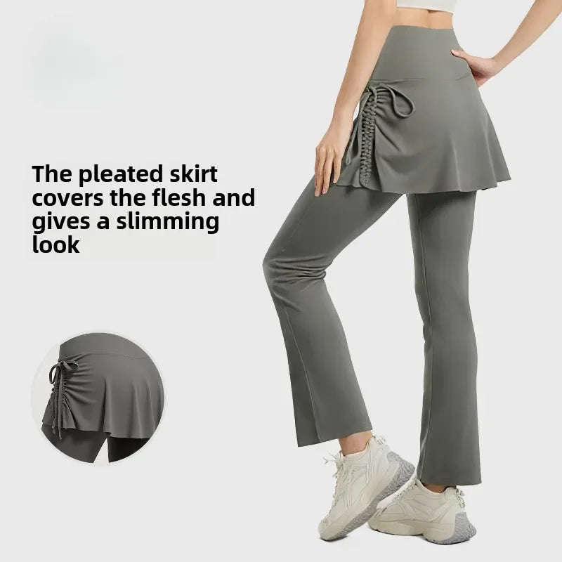 New Flared Culottes for Women Fake Two Micro-flared Pants Wrinkle High Waist Lift Hip Yoga Pants Slim-fit Elastic Waist Rope