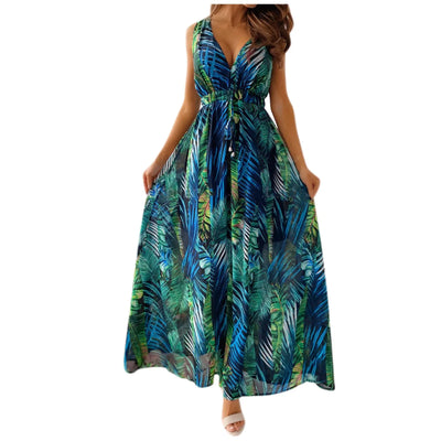 dresses for women Summer dress Casual Print Bandage Elastic Waist V-Neck Sleeveless sexy long Dresses vestidos verano moda 2024
