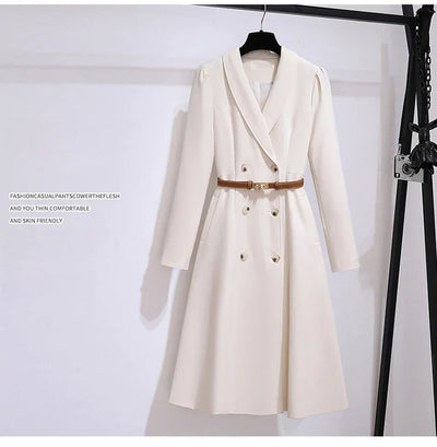 Women's Dress Double Breasted Elegant Dresses for Women 2025 Autumn Off white Dress Belt Knee-Length Solid Fashion Woman Clothes