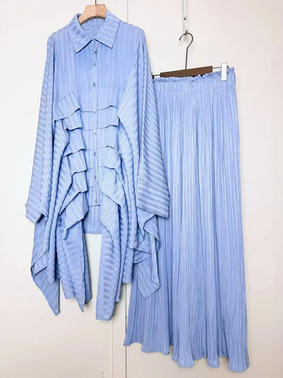 2025 Summer Women's Retro Geometric Printed Multi layered Flaw Loose Irregular Shirt Set+High Waist Wide Leg Pants Fashion Set