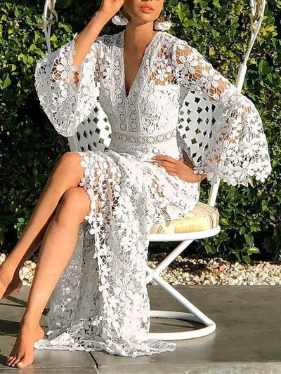 Summer Dress for Women See Through Hollow Out Sexy Long Dresses Long Sleeve V-Neck Lace Dress Loose Bohemian Loose Beach Smock