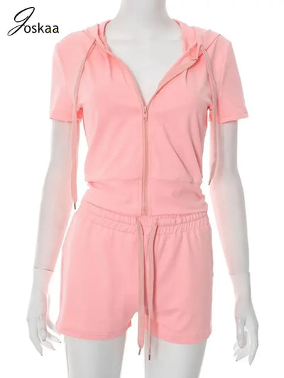 Joskaa Women's 2025 Sport Two Piece Set Casual Zip-Up Hoodie and Drawstring Shorts Matching Tracksuits Athletic Streetwear