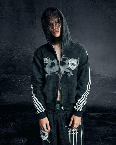 Sexy European and American printed striped hooded sweatshirt with zipper, pink men's and women's sports loose sweatshirt jacket