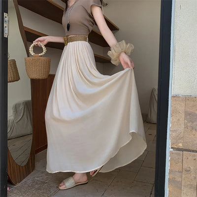 2025 New High Waisted Cotton Linen Pleated Midi Skirt – Summer Flowy A-Line Maxi Skirt for Women, Breathable & Elegant