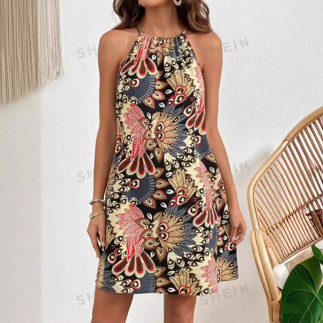 2024 Summer Women Bohemian Dresses Vintage Allover Print Halter Neck Dress Sleeveless Hanging Temperament Vacation Vestidos