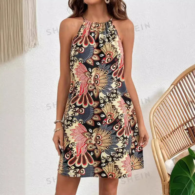 2024 Summer Women Bohemian Dresses Vintage Allover Print Halter Neck Dress Sleeveless Hanging Temperament Vacation Vestidos
