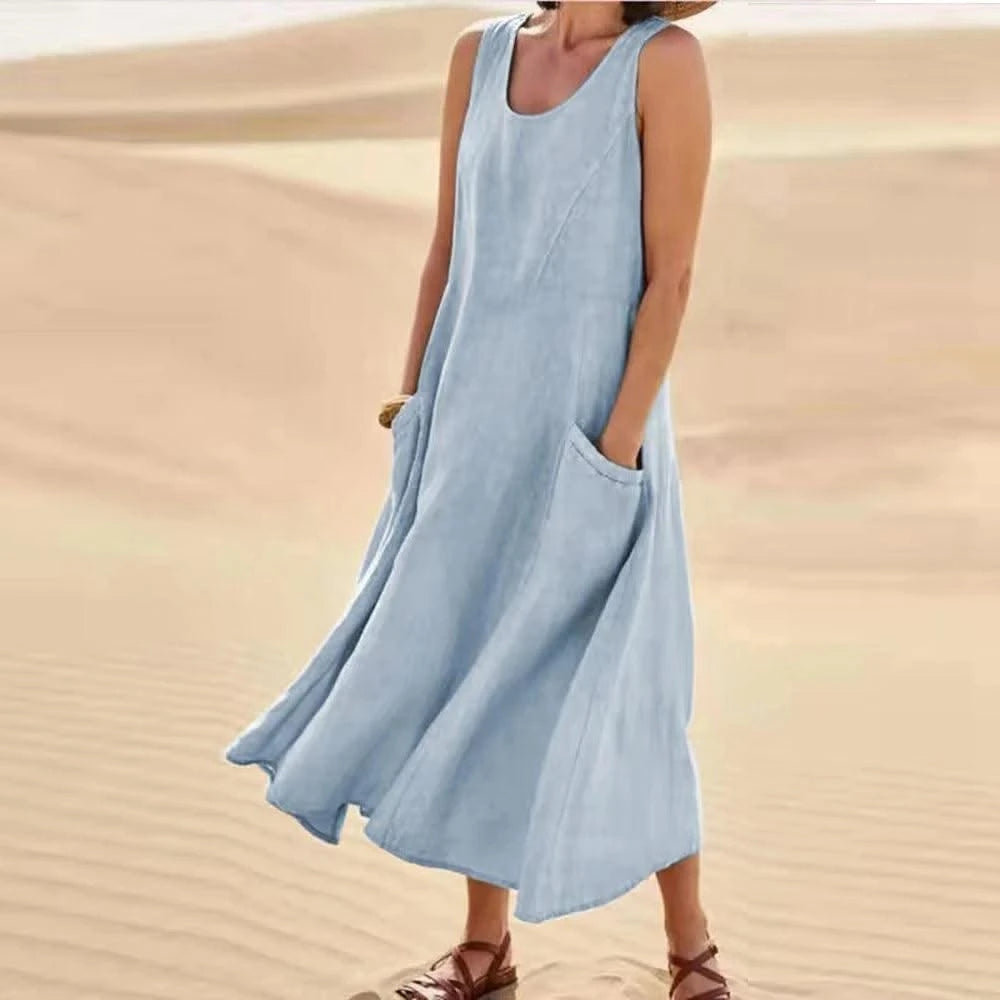 Cotton Linen Sleeveless Dress for Women Summer Pullover Skirt Vestidos Fashion Female Clothing Short Sleeved Loose Long Dress