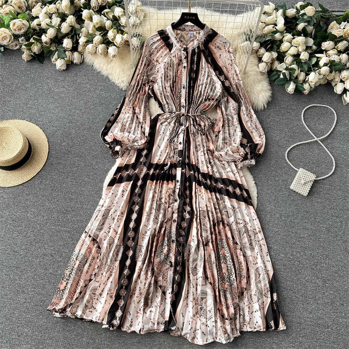 Retro Print Elegant Pleated Lantern Long Sleeve O Neck Single Breasted Dress A-line  Casual High Waist Women Summer Dresses