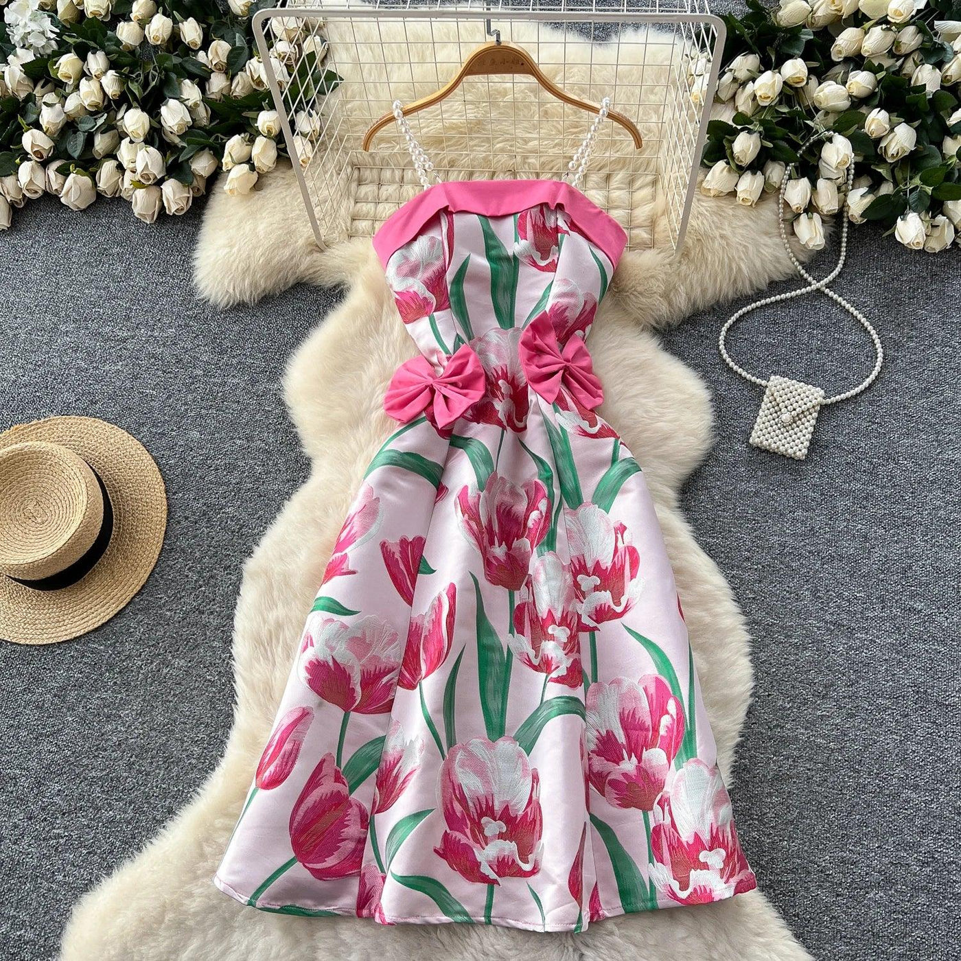 Women's Dress 2025 Summer Light Luxury Three-Dimensional Butterfly Butterfly Waist Cinched Suspender Printed Large Swing Dress
