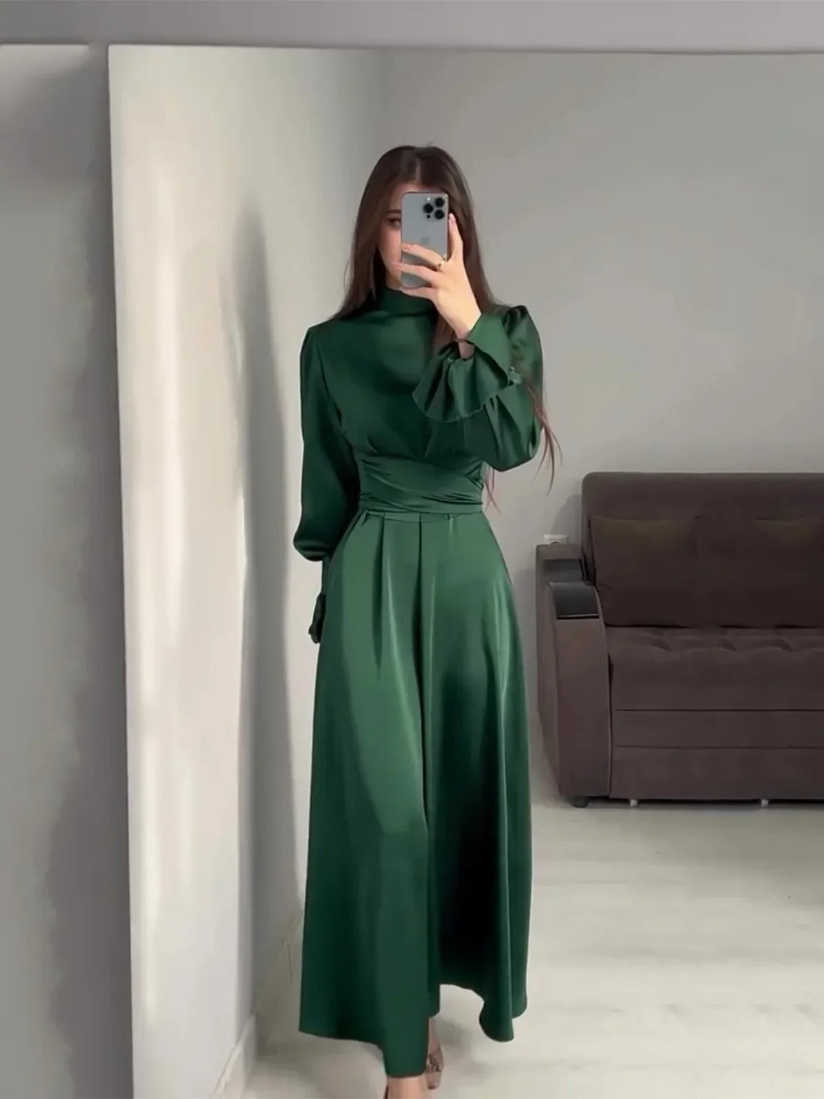 Lotus Sleeve Dress for Women Casual Slim-fit Dress with Belted Waist Abaya Dubai Luxury Turkey Islam Muslim Dress Women Kaftan