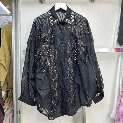 WTHT New Trendy Women's Sequins Diamonds Bows Lace Shirt 2025 Spring Fashion Lapel Long Sleeves Loose Blouse Female 1LS740