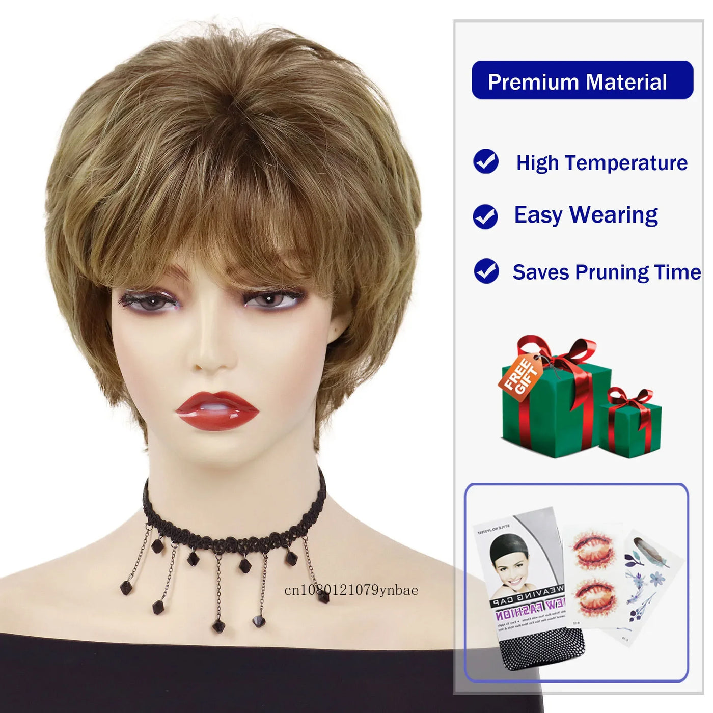 Womens Synthetic Hair Short Curly Brown Wigs Natural Looking Mommy Wig with Bangs Daily Costume Party Use High Temperature Fiber