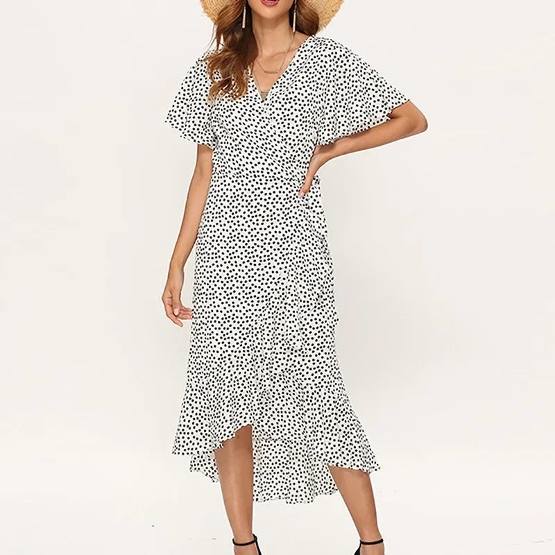 Women Summer Dresses Bohemian Sexy V-Neck Irregular High Waist Lace-up Chiffon Print Dress Casual Beach Long Dress
