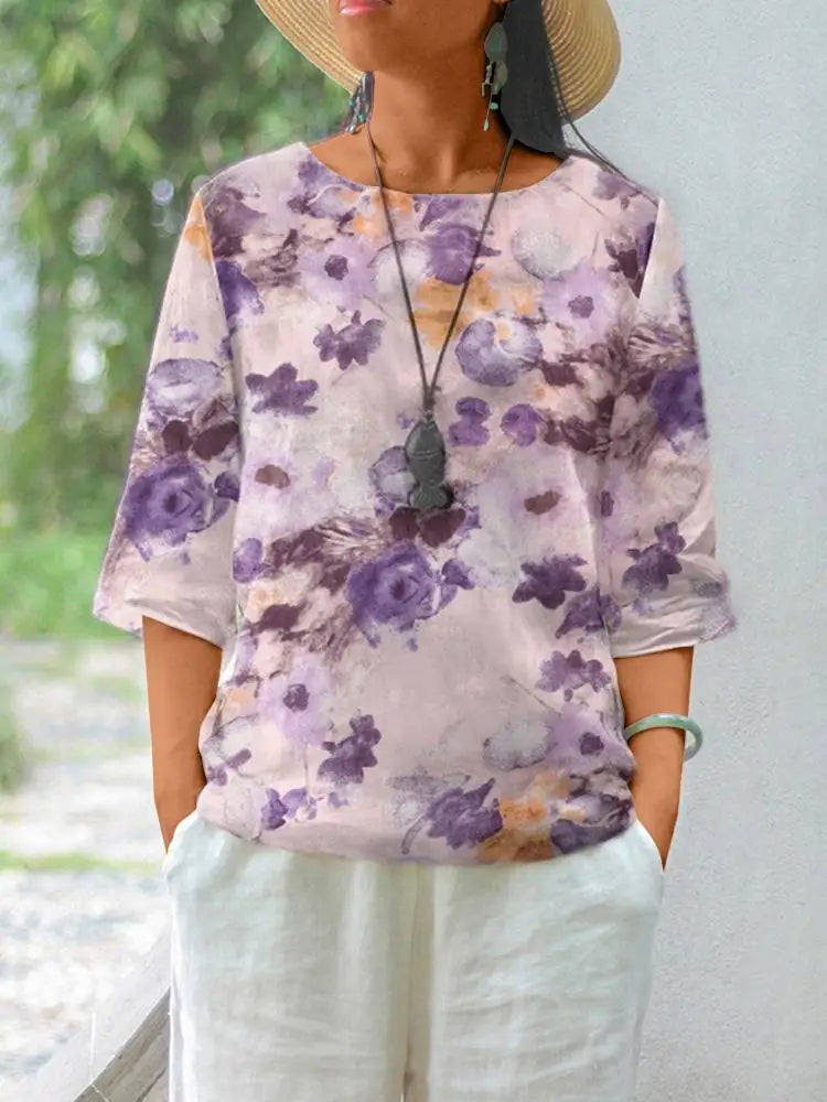 ZANZEA Women Cotton Linen Blouses 2024 Summer Bohemian Floral Printed Blusas Fashion 3/4 Sleeve O-Neck Top Casual Loose Shirts