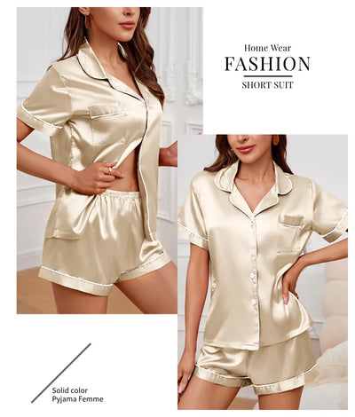 Women's Sleepwear Silk Satin Pajamas Set Button-Down Pyjama Shorts Suit Pijama Femme Loungewear Pj Sets Solid Color Home Clothes